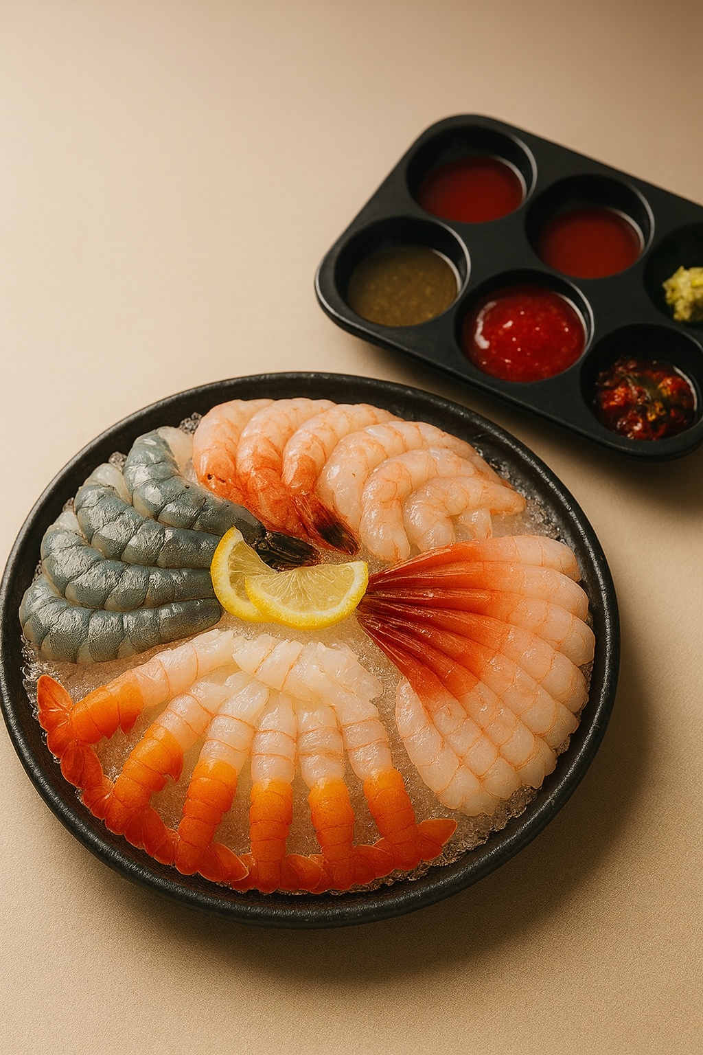 프리미엄 새우회 플래터와 소스